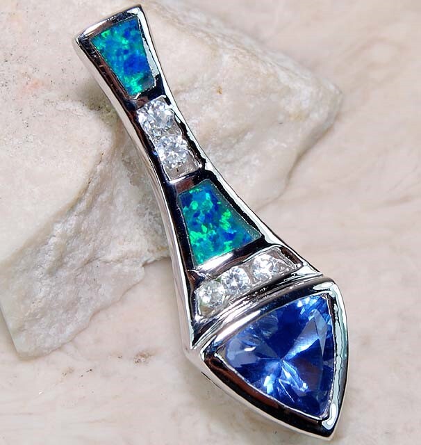 Treated Blue Sapphire & Australian Opal Inlay 925 Sterling Silver Pendant GA8