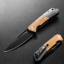 FLISSA Folding Pocket Knife w/Olive Wood-Steel Handle SANDVIK 14C28N Steel Blade