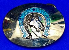 Different Horse Head Inlaid Turquoise Lucky Horseshoe Belt Buckle - Makers Mark