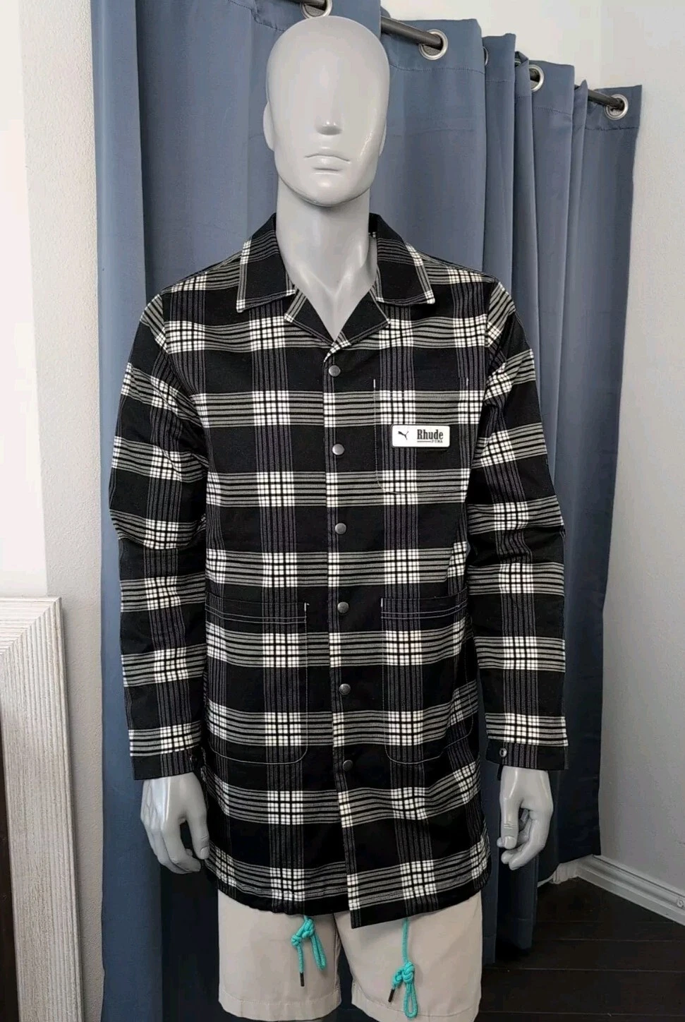 Puma x Rhude Urban cappotto foderato giacca lunga uomo piccolo bianco e nero a quadri