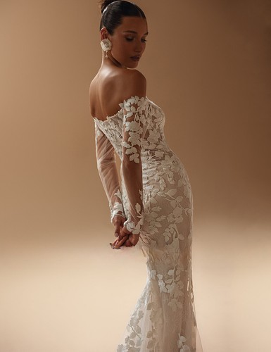 Abiti da sposa sirena pizzo sposa maniche lunghe applicazioni abito da sposa corte treno - Foto 4 di 8