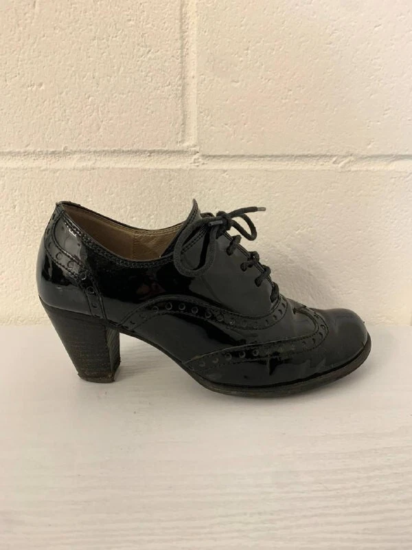 Gabor Brogues Size 4.5 Black Patent Leather Lace Up High Heel