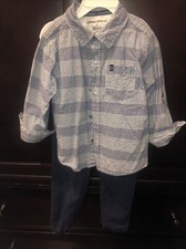 Boys Calvin Klein Blue 2-Piece Denim/white Stripped Shirt and NavyJoggers Set 4T