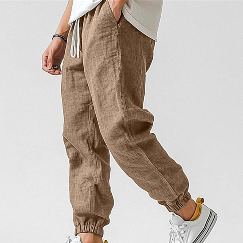 Men's Cotton Linen Casual Elastic Waist Straight Leg Trousers Solid Color Pants