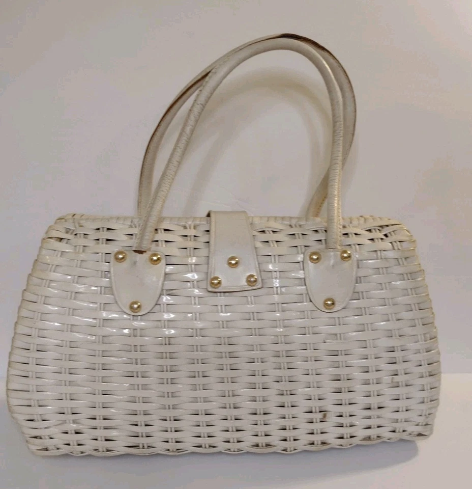 Bolsa de mão de vime vintage anos 60 coroa colônia Hong Kong couro branco mod verão - Imagem 4 de 4