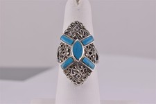 Sterling Silver 30mm Turquoise Filigree Marcasite Statement Band Ring 925 Sz: 6