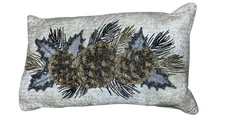 Down Feather Throw Pillow Winter Holiday Tan Beaded Pine Cone