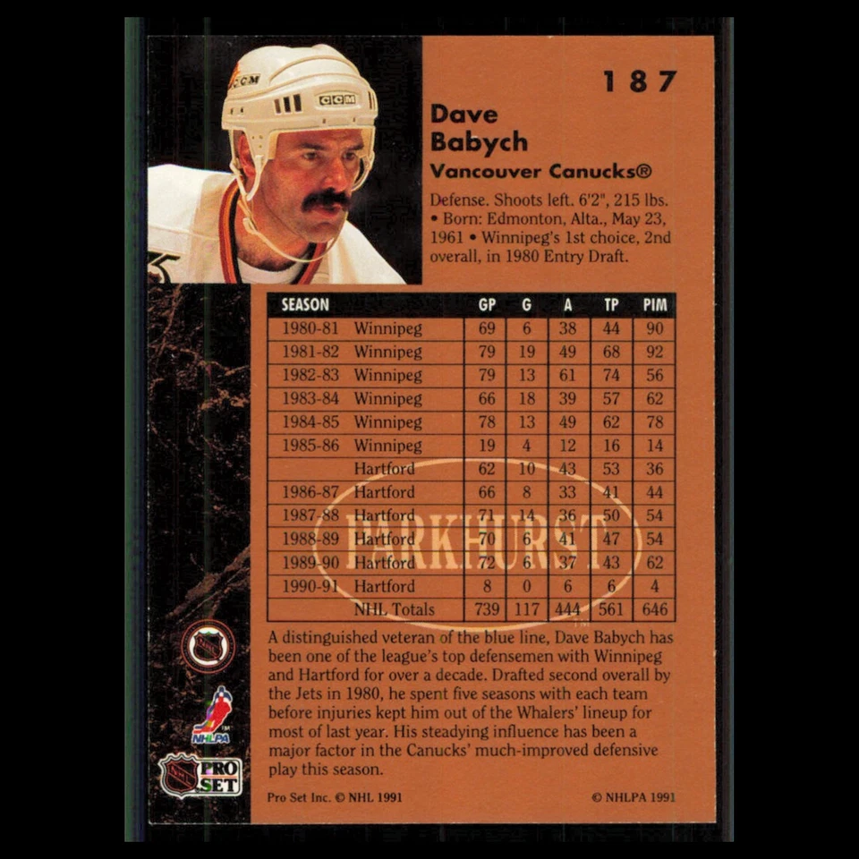 Dave Babych #187 1991 Parkhurst Vancouver Canucks Hockey Card NHL NM - Image 2 of 3