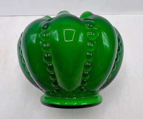 Fenton Art Glass Ivy Green Overlay Beaded Melon Rose Bowl Vase