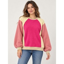 SHEIN Sweatshirt Colorblock Fleece Pullover Raglan Pink Rose Tan Womens Medium