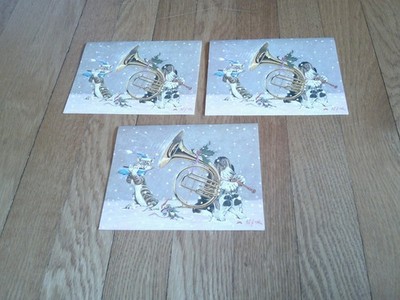 Vtg Robert Bob Jones Cat Dog Basset Hound Mouse Musicians Christmas Card LOT 3