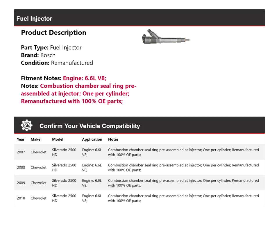 Inyector de combustible Bosch 2008 2009 para Chevrolet Silverado 2500 HD 2007-2010 6,6 L V8 Foto 2 de 4
