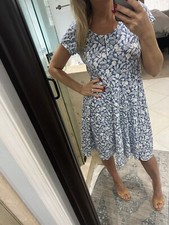 Ralph Lauren Chaps Long Blue White Floral Long Midi Knee Empire Dress L