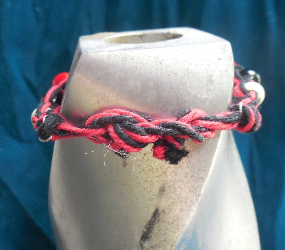 Red Abalone Shell Elk Antler Black Hemp Adjustable Bracelet Anklet w/ Onyx Beads - Image 4 of 4
