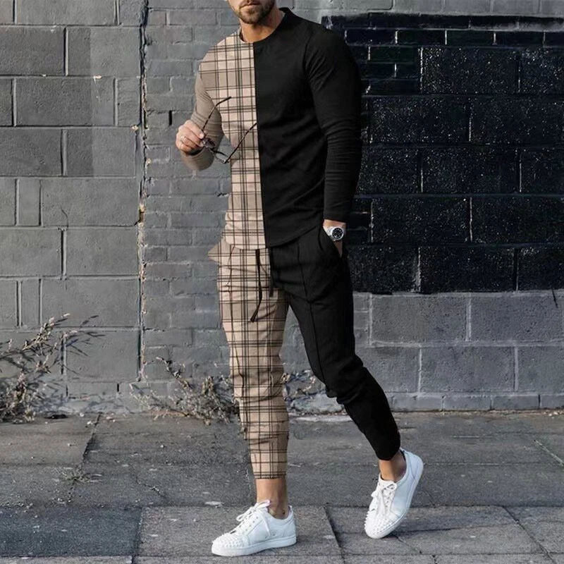 Gentleman Flower Plaid Men's Suit Jacket + Pants Sports Tracksuit