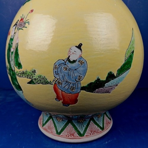 PAIR ANTIQUE CHINESE KANGXI PERIOD FAMILLE JAUNE PORCELAIN BOTTLE FORM VASES - Picture 7 of 24