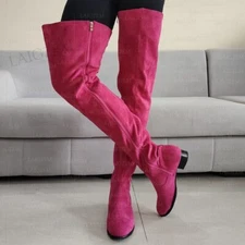 Women Thigh High Boots Faux Suede Round Toe Side Full Zip Low Heels Over Knee