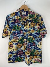 Vintage 70s Hawaiian Shirt Blue Tropical Tiki Waikiki Korea Wide Collar Medium