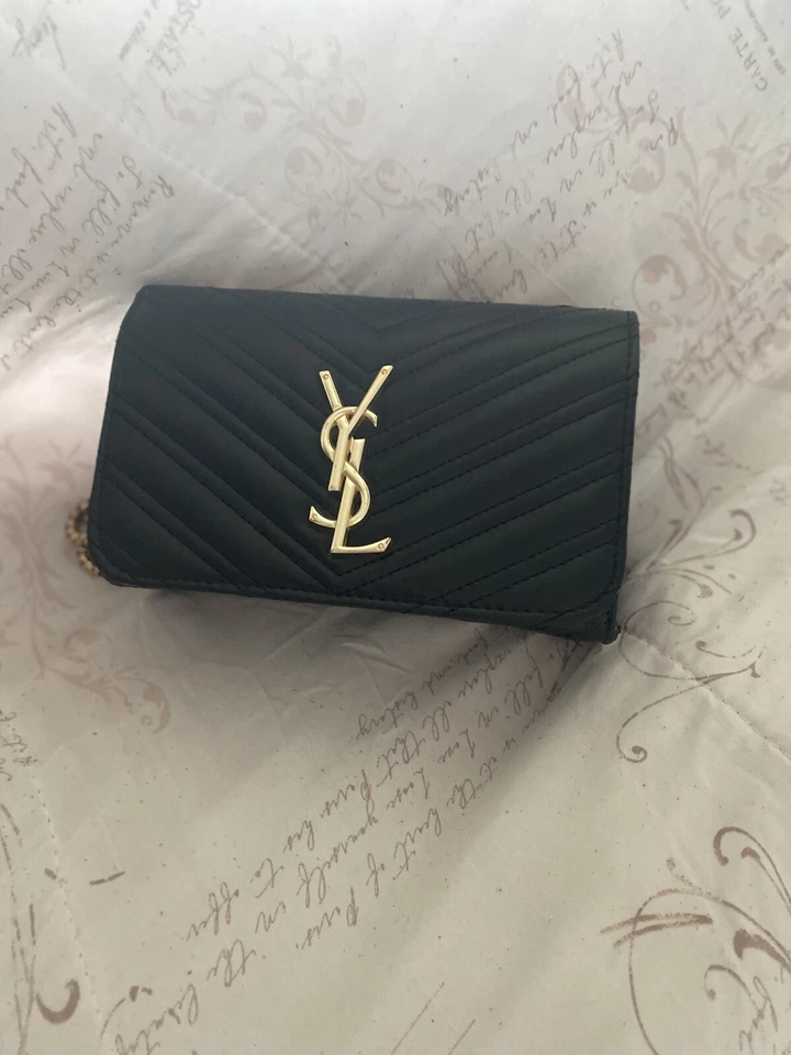 Saint Laurent YSL Monograma Cartera con Cadena Negro Acolchado Cuero Bolso WOC Foto 4 de 4