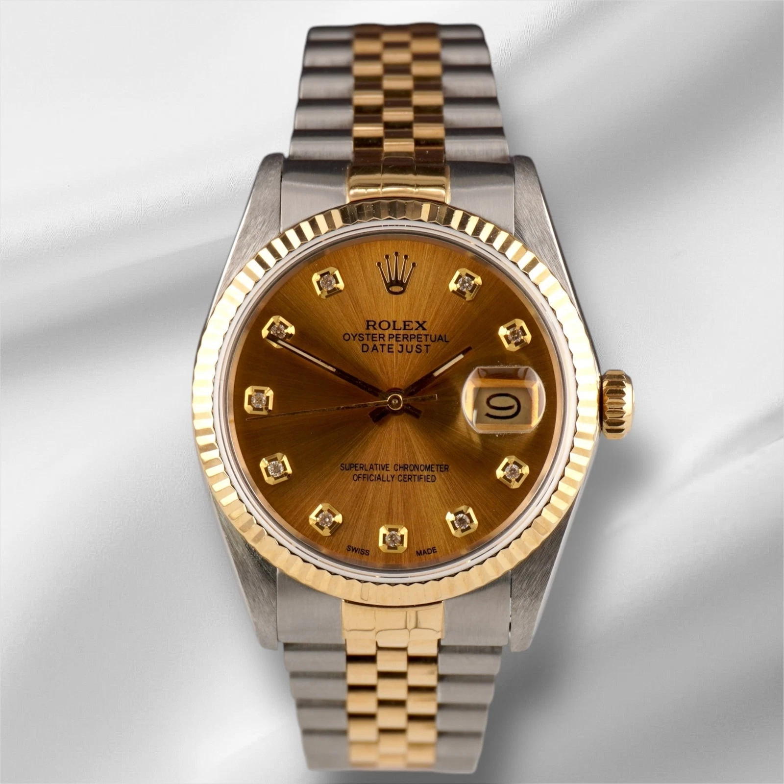 Rolex — Rolex Datejust 36mm 18k Yellow Gold & Steel Fluted Gold Diamond Dial Watch 16013