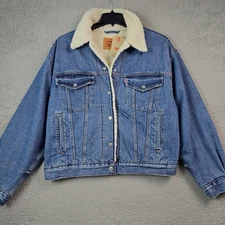 Levis Sherpa Trucker Jacket Mens LARGE BLUE Biker Cowboy Snap Up Red Tab NWT