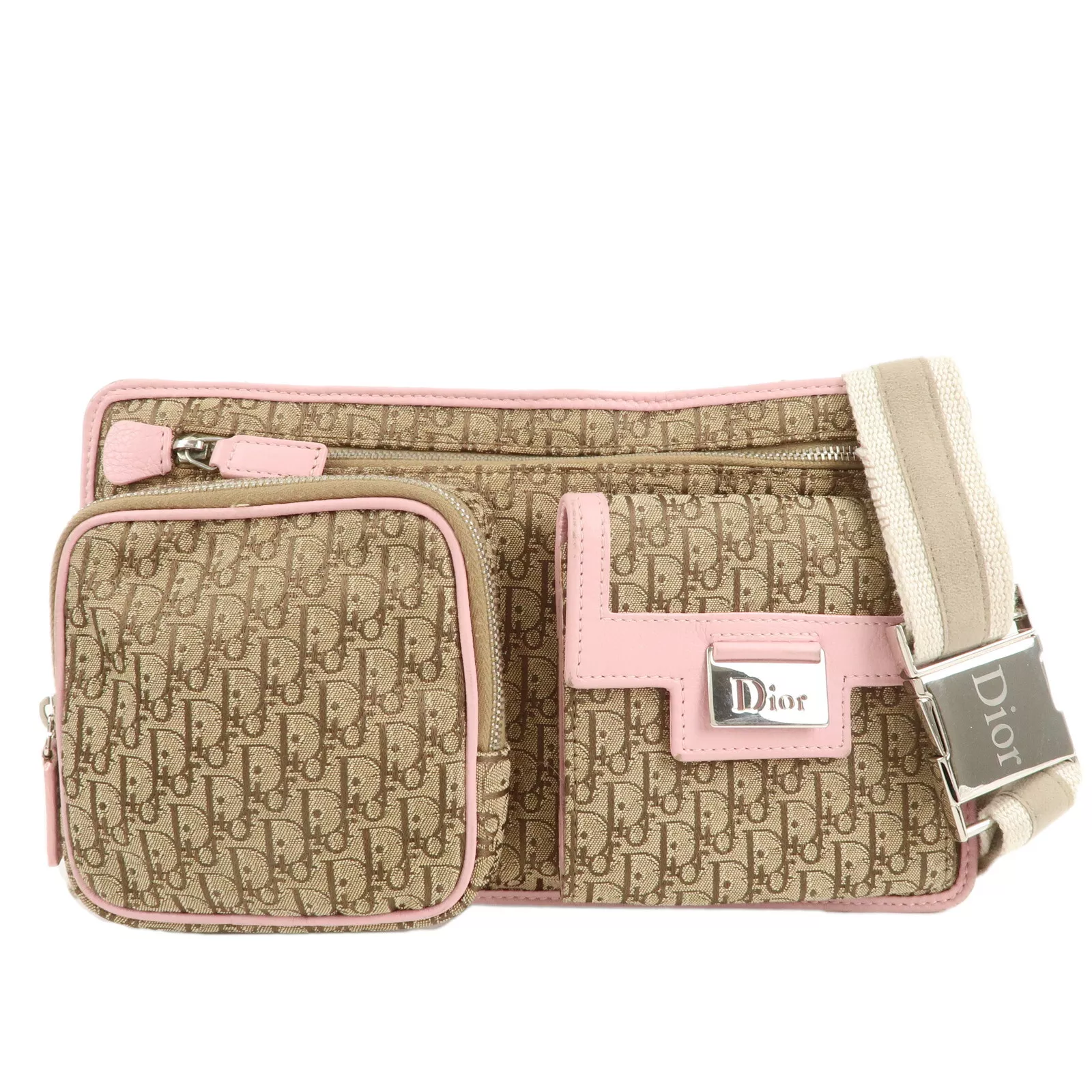 Authentique sac Christian Dior trotteur toile cuir taille beige rose occasion F/S