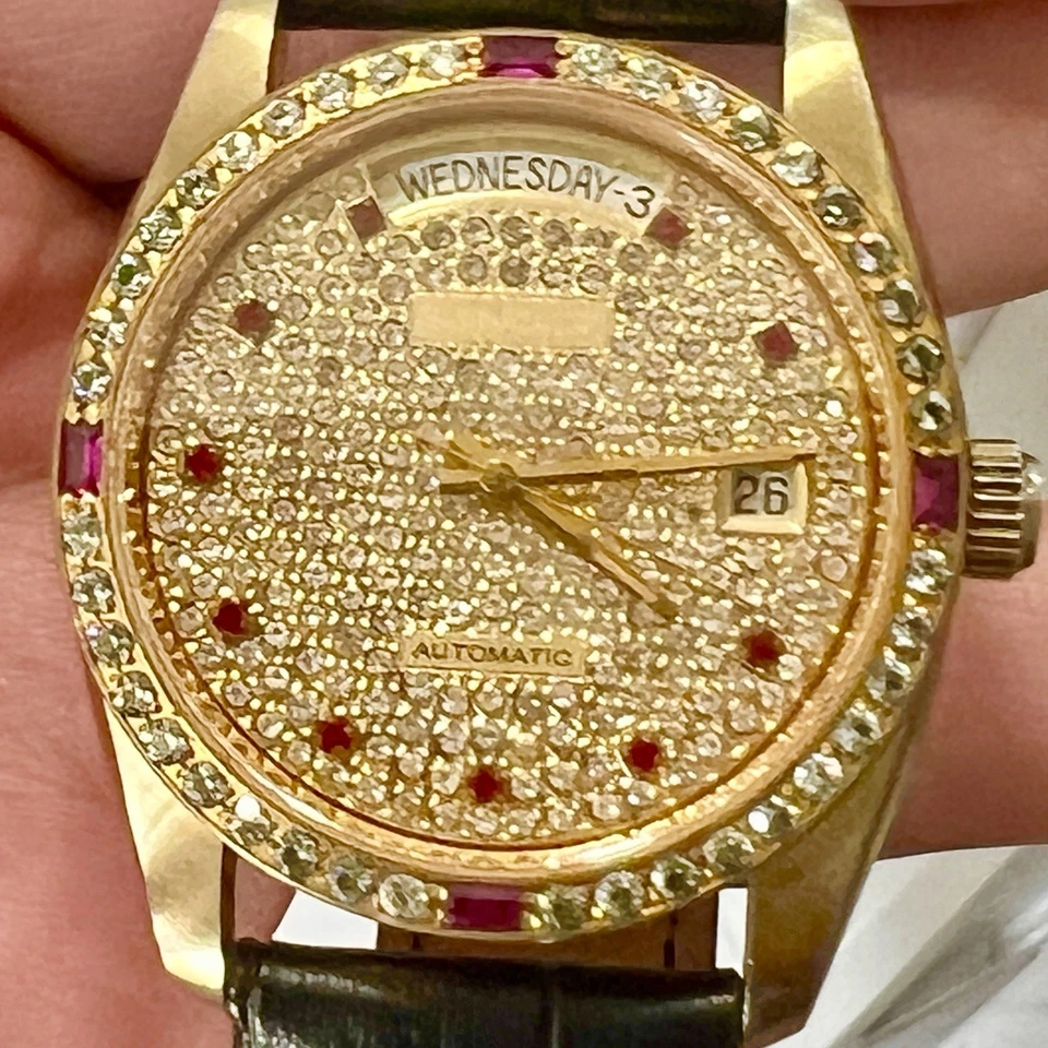 SANDOZ Automatic Day-Date 36mm Gold Plated Diamond Paved Ruby Dial & Bezel Watch - Image 2 of 4
