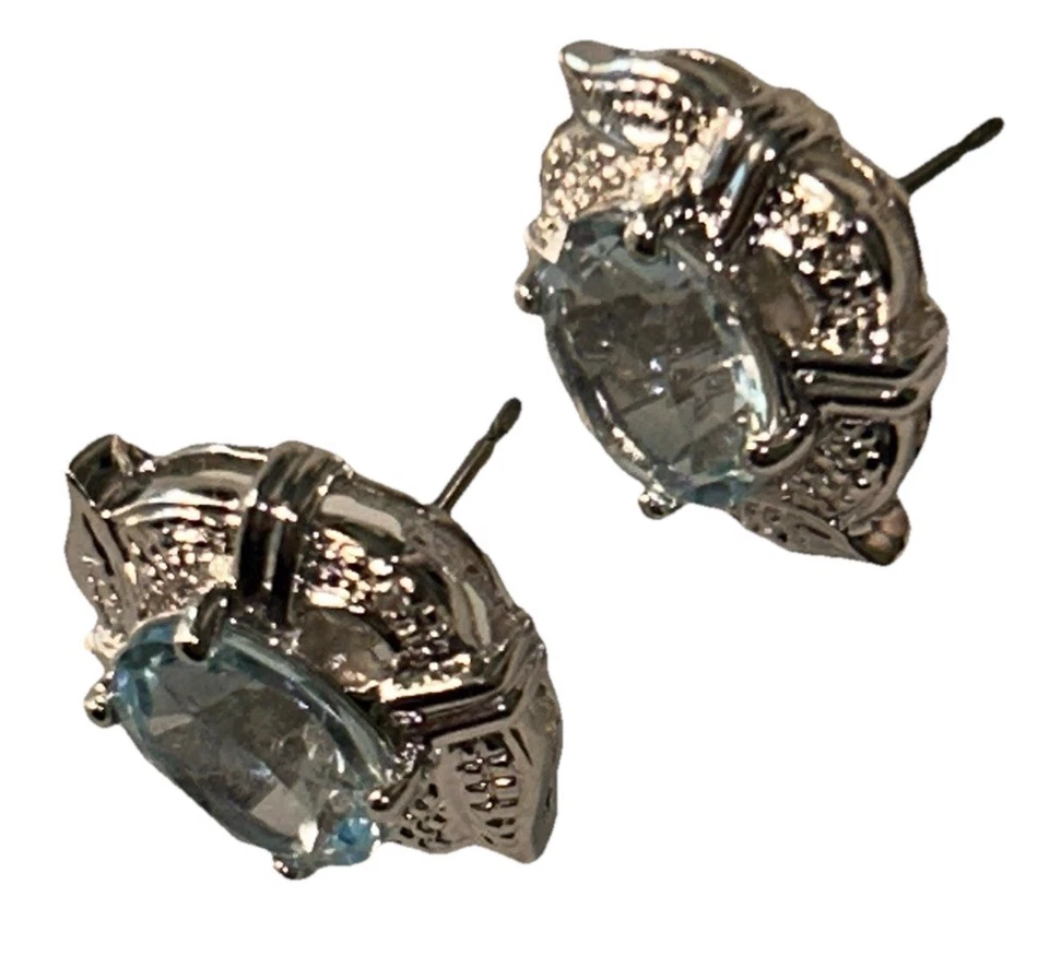 优雅镀铑正品蓝色黄玉和 CZ 耳钉椭圆形,全新带盒 — 第 3/4 张图片