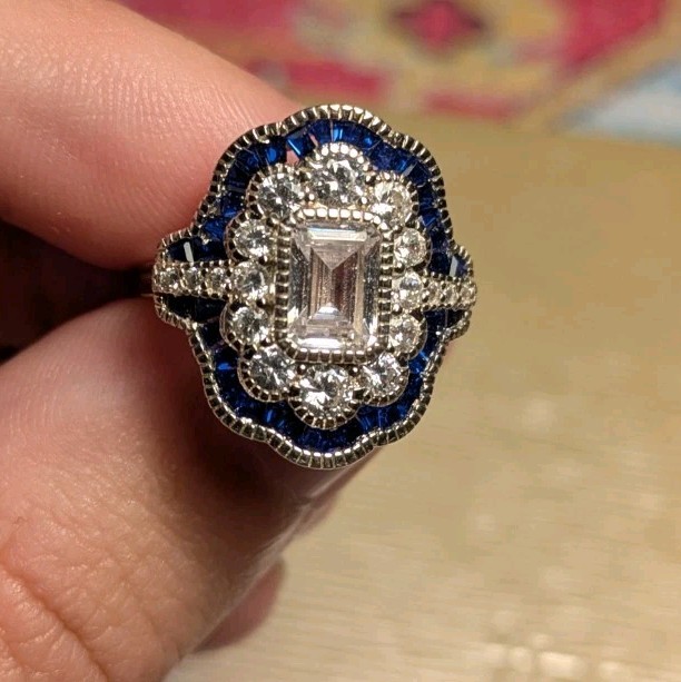 JTV Ornate Emerald Cut Cubic Zirconia With Blue Gemstones Silver Ring