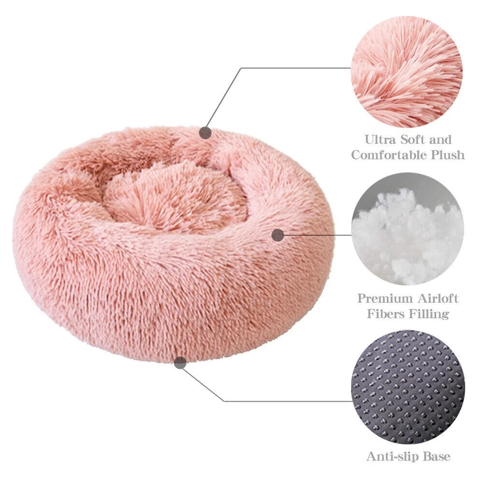 Fluffy Donut Cuddler Plush Pet Bed Dog Cat Soft Warm Round Calming Bed Washable - Image 3 of 4
