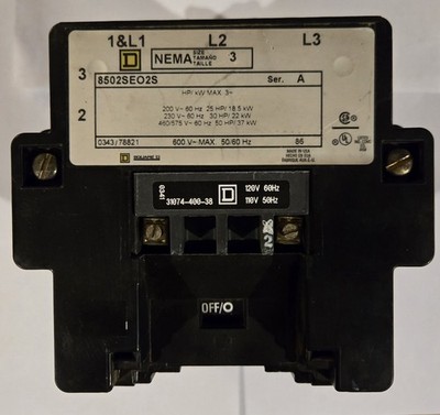 Square D 8502SEOV02S Nema Size 3 Magnetic Contactor Non-Reversing 120V Coil