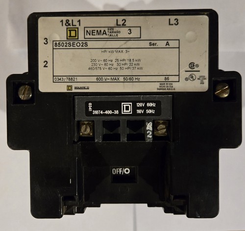 Square D 8502SEOV02S Nema Size 3 Magnetic Contactor Non-Reversing 120V Coil
