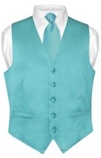 Biagio Men's SILK Dress Vest  NeckTie Solid TURQUOISE AQUA BLUE Neck Tie Set
