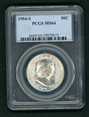 UNITED STATES 1954-S SAN FRANCISCO FRANKLIN SILVER HALF DOLLAR PCGS MS 64