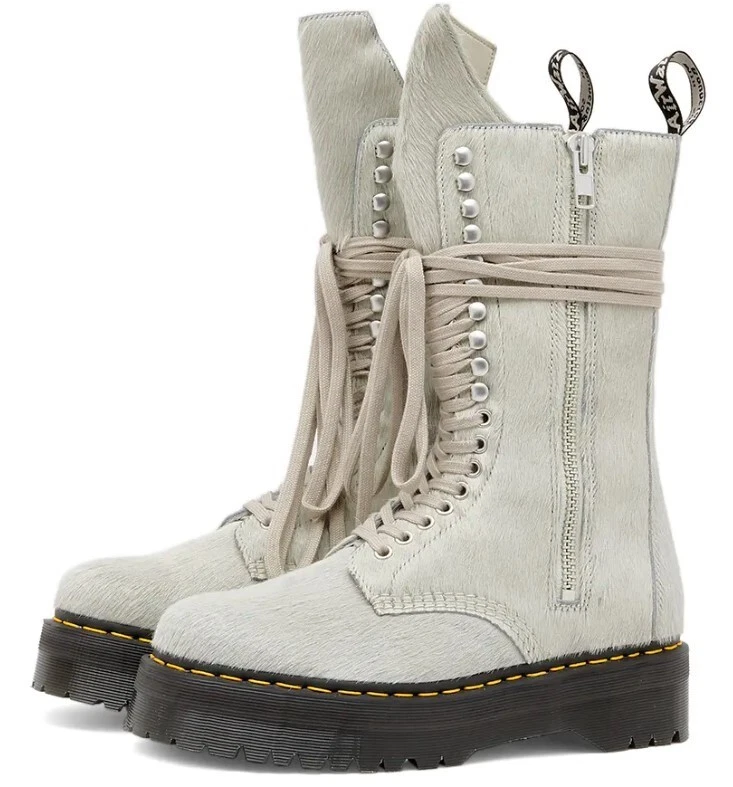 Rick Owens X Dr. Martens Quad Sole Calf-Hair Leather Boots (8 UK