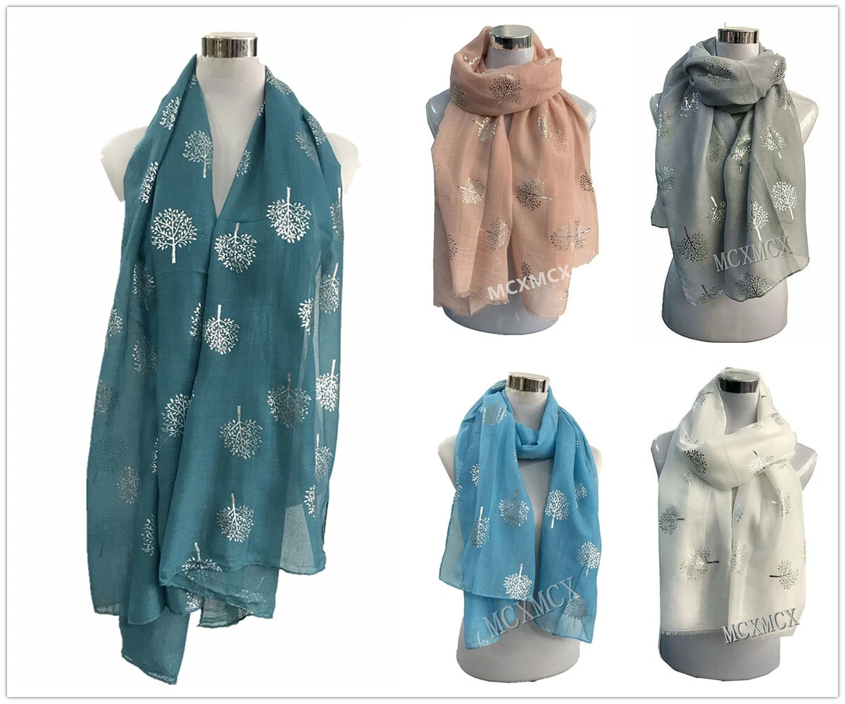 Women Ladies Metallic Silver Foil Life Tree Print Scarf Glitter