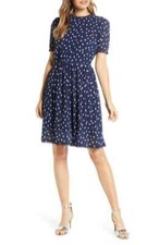 1901 Navy Polka Dot Chiffon Fit & Flare Dress Size Large NWOT