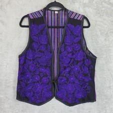 Guatemalan Embroidered Vest Womens Large Purple Black Floral Boho Cotton