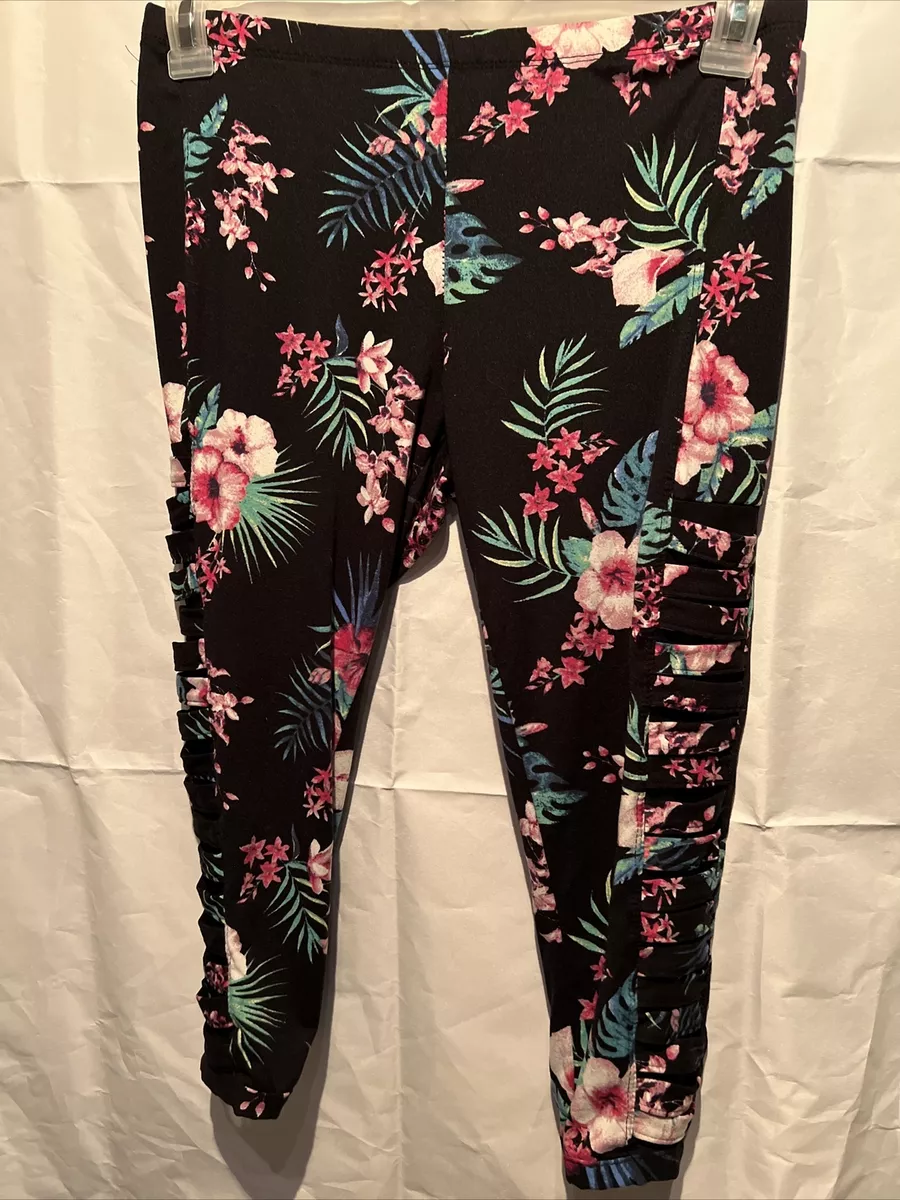 Eye Candy Leggings Pink Green Floral on Black Super Soft 1X Capris Mesh  Chopped