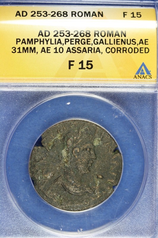 ANACS - F15 AD 253 - 268 ROMAN PAMPHYLIA,PERGE,GALLIENUS,AE 31MM,!!  #B14067
