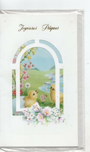 Carte Joyeuses Pâques deux poussins fleurs devant ajouré 18,6 x 11,2 cm env - Imagen 1 de 2