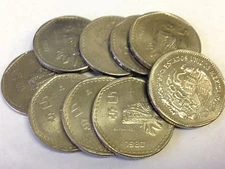 MEXICO $5 PESOS vintage 1980-85 Mexican / Aztec Quetzalcoatl god coin