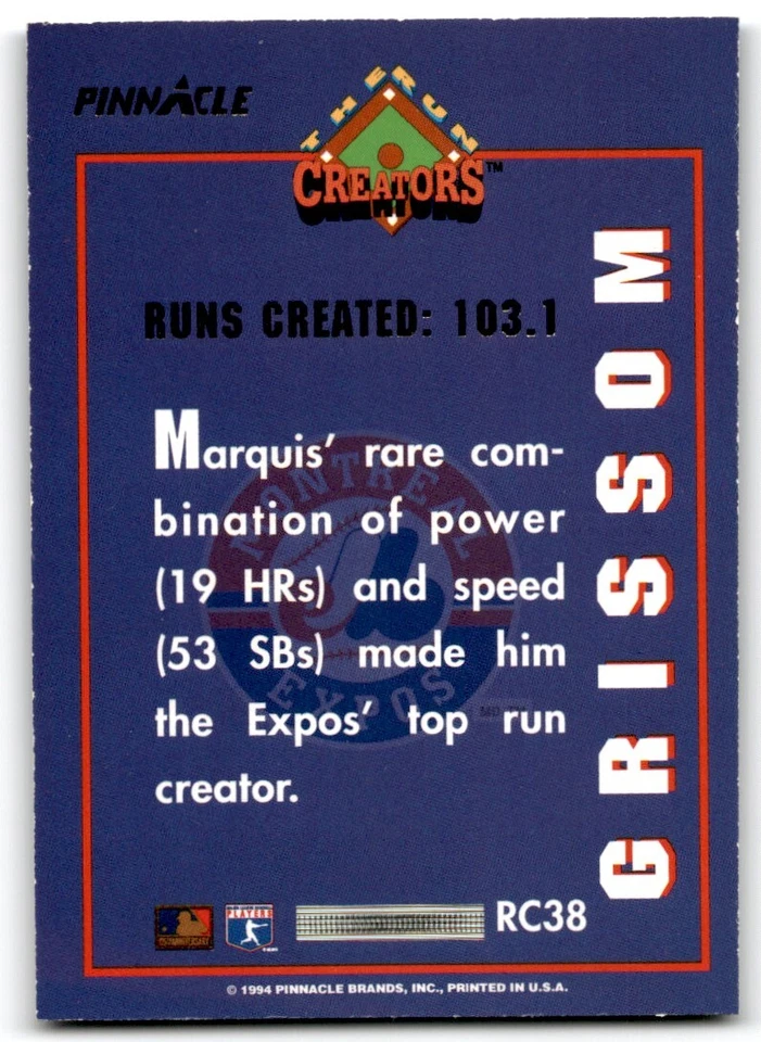1994 PINNACLE RUN CREATORS MARQUIS GRISSOM MONTREAL EXPOS #RC38 - Image 2 of 2