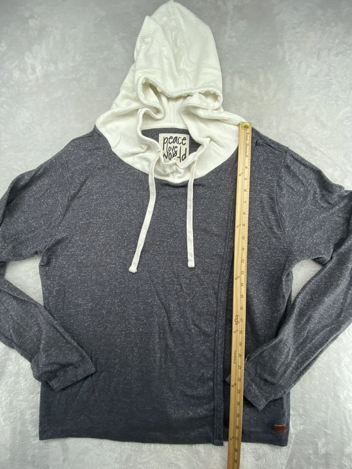 VETEMENTS Felpa con cappuccio Peace Love World donna taglia large grigio erica bianco blocco misto rayon