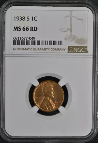 1938-S 1C RD Lincoln Wheat One Cent NGC MS66RD  6811677-049