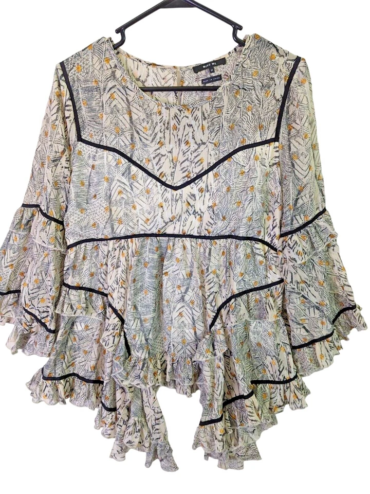 Miss Me 女式 M 码波西米亚喇叭袖荷叶边上衣奶油色衬衫浪漫流畅 — 第 2/4 张图片