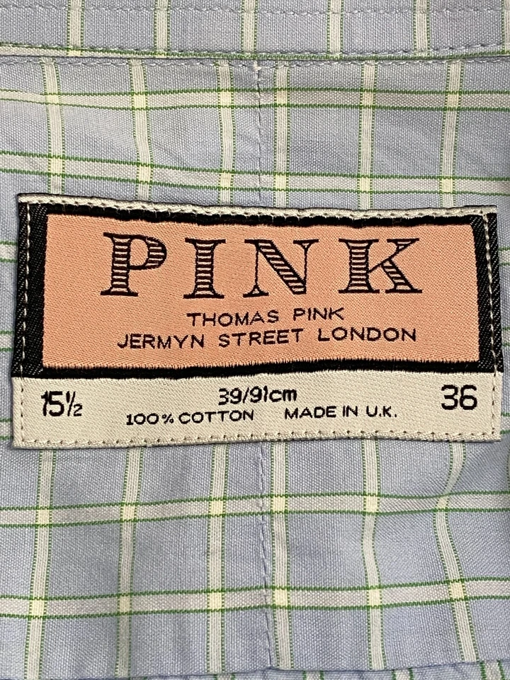 Camisa de Vestir Thomas Rosa Talla 15.5 - 36 Azul Verde Blanco Cuadros Algodón Puños Franceses  Foto 2 de 4