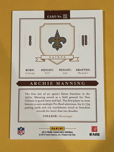 2012 Panini Prime Signatures Archie Manning Base #152 /499 - Image 2 of 2