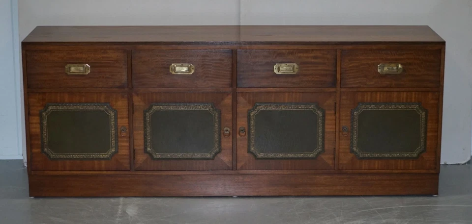 HERMOSO APARADOR CAMPAÑA MILITAR HARRODS CAOBA FLAMEADA Y CUERO VERDE Foto 2 de 4