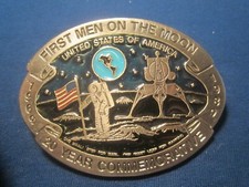 Vtg Pewter Belt Buckle FIRST MEN ON THE MOON 1969 1989 j10q